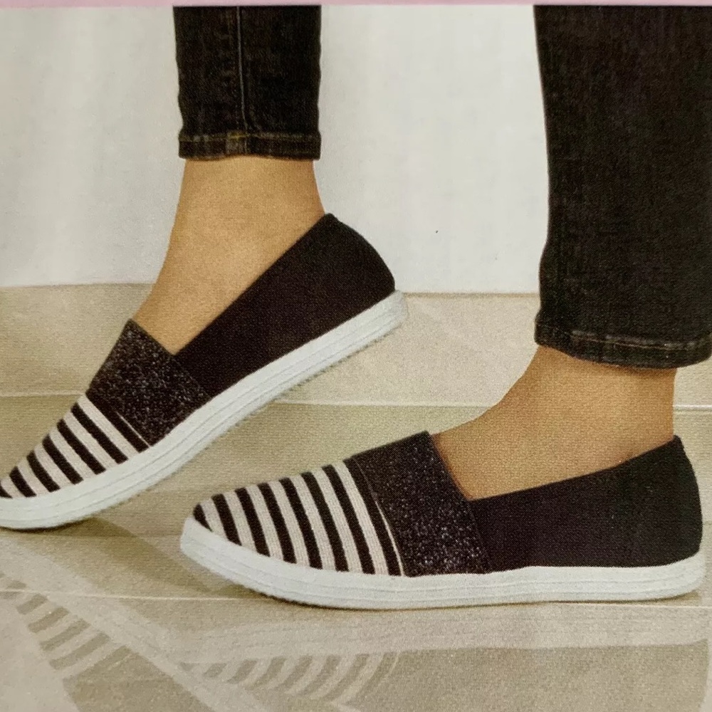 Serra Memory Foam Boat Shoes Women's 7 Navy Stripe Shimmer Flats Slip On Sneaker